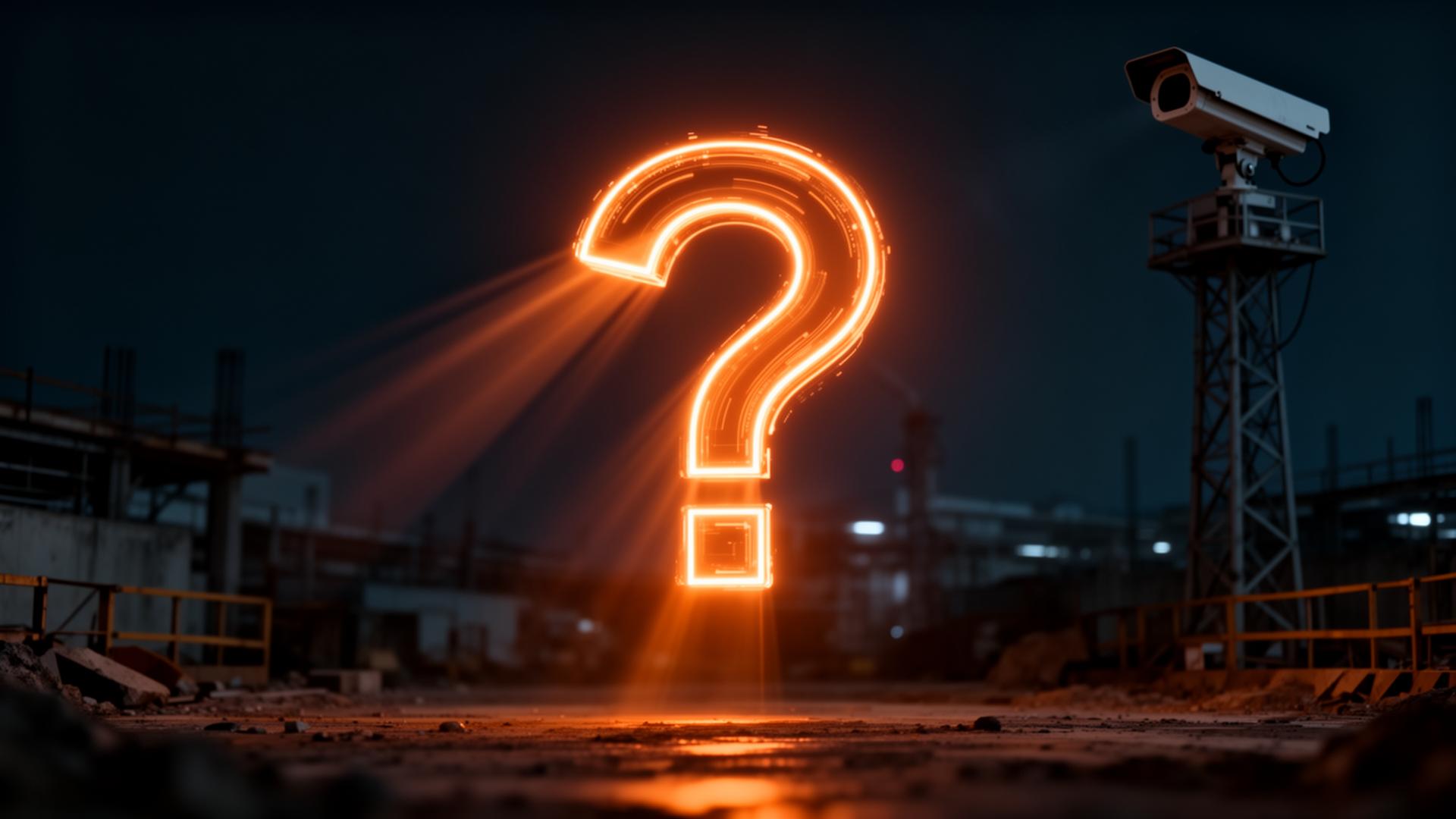 Leuchtendes Fragezeichen vor Baustelle bei Nacht