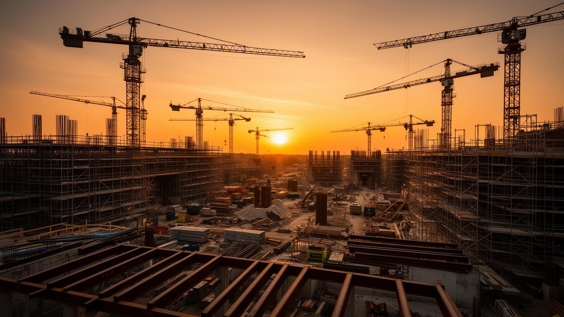 Großbaustelle mit Kränen im Sonnenuntergang